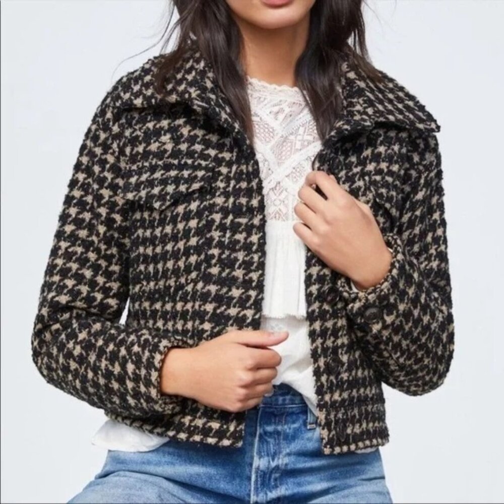 Anthropologie Avec Les Filles Lea Houndstooth Shimmer Cropped Jacket Size L Wool